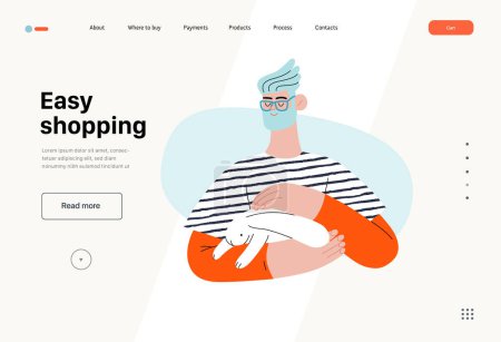 Entspanntes Einkaufen - Online-Shopping und E-Commerce-Serie - moderne flache Vektorkonzeptillustration eines Mannes, der einen Hasen im Arm hält. Aktions-, Rabatt-, Verkaufs- und Online-Bestellkonzept