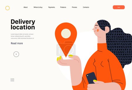 Ilustración de Delivery location - Online shopping and electronic commerce series - modern flat vector concept illustration of young woman holding location mark. Promotion, discounts, sale and online orders concept - Imagen libre de derechos