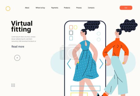 Illustration for Virtual fitting - Online shopping and electronic commerce series - modern flat vector concept illustration of a woman fitting clothes in app. Promotion, discounts, sale and online orders concept - Royalty Free Image