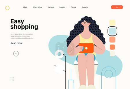 Ilustración de Easy shopping - Online shopping and electronic commerce series - modern flat vector concept illustration of a woman in toilet shopping online. Promotion, discounts, sale and online orders concept - Imagen libre de derechos