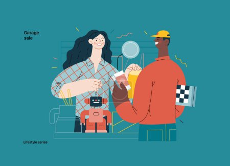 Téléchargez les illustrations : Lifestyle series -Garage sale -modern flat vector illustration of a woman selling house stuff at the table filled with house utilities and toys, and man buying a chess board. Concept d'activités humaines - en licence libre de droit
