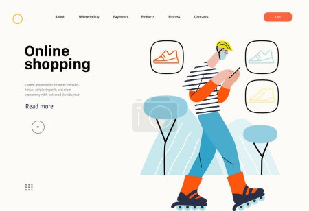 Téléchargez les illustrations : Online shopping - electronic commerce series - modern flat vector concept illustration of a man wearing roller skates and shopping on the go. Promotion, discounts, sale and online orders concept - en licence libre de droit