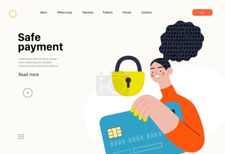 Safe payment - Online shopping and electronic commerce series - modern flat vector concept illustration of a woman with a plastic card and a lock. Protection and security of online orders concept