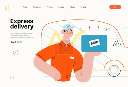 Illustration for Express delivery - Online shopping and electronic commerce series - modern flat vector concept illustration of a delivery man with a box and van. Shipment, sale and online orders concept - Royalty Free Image