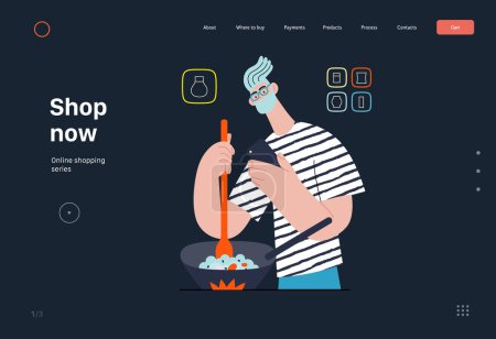 Illustration for Shop now - Online shopping and electronic commerce series - modern flat vector concept illustration of a man cooking in pan and shopping. Promotion, discounts, sale and online orders concept - Royalty Free Image