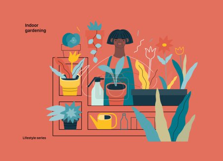 Illustration for Lifestyle series - Indoor gardening - modern flat vector illustration of a woman gardening at home - planting and watering. People activities concept - Royalty Free Image