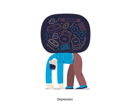 Téléchargez les illustrations : Mental disorders illustration. Depression - modern flat vector illustration of tired man suffering under the weight of problems and obligations. People emotional, psychological, mental traumas concept - en licence libre de droit