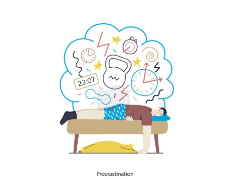 Illustration for Mental disorders illustration. Procrastination - modern flat vector illustration of man suffering under the weight of problems and obligations. People emotional, psychological, mental traumas concept - Royalty Free Image