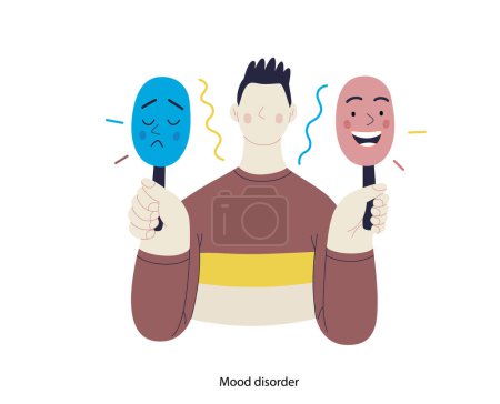 Illustration for Mental disorders illustration. Mood disorder - modern flat vector illustration of a man choosing between two mood extrems. People emotional, psychological, mental traumas concept - Royalty Free Image