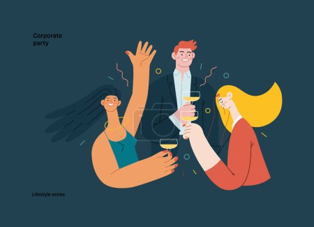 Illustration for Lifestyle series - Corporate party - modern flat vector illustration of business people entertaining in the office at corporate, drinking champagne. People activities concept - Royalty Free Image