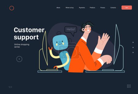Téléchargez les illustrations : Customer support -Online shopping and electronic commerce series -modern flat vector concept illustration of an operator and bot greeting a client. Promotion, discounts, sale and online orders concept - en licence libre de droit