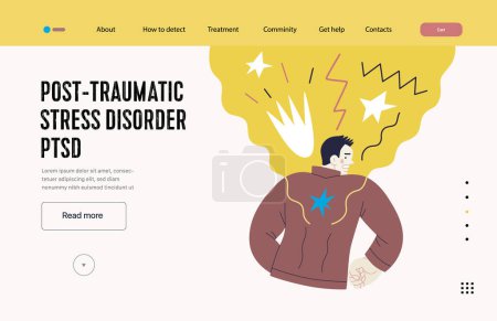 Téléchargez les illustrations : Mental disorders web template. PTSD - modern flat vector illustration of a man meeting with traumatic stress experience - burst, explosion. People emotional, psychological, mental traumas concept - en licence libre de droit