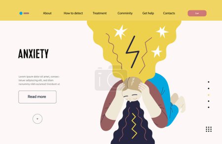 Ilustración de Mental disorders web template. Anxiety- modern flat vector illustration of a woman vomiting, meeting with a stress experience- burst, explosion. People emotional, psychological, mental traumas concept - Imagen libre de derechos