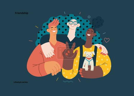 Illustration for Lifestyle series - Friendship - modern flat vector illustration of a happy young man and women embracing and posing together. People activities concept - Royalty Free Image