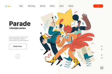 Illustration for Lifestyle web template - Parade - modern flat vector illustration of people marching together, taking part in parade or rally. Male and female protesters or activists. People activities concept - Royalty Free Image