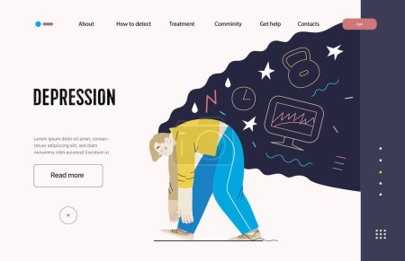 Téléchargez les illustrations : Mental disorders web template. Depression - modern flat vector illustration of tired man suffering under the weight of problems and obligations. People emotional, psychological, mental traumas concept - en licence libre de droit