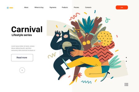Illustration for Lifestyle web template - Carnival - modern flat vector illustration of masked people dancing together, taking part in the costume carnival procession. People activities concept - Royalty Free Image