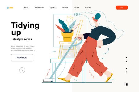 Illustration for Lifestyle web template - Tidying up, housekeeping - modern flat vector illustration of a woman cleaning the floor with a vacuum cleaner. People activities concept - Royalty Free Image
