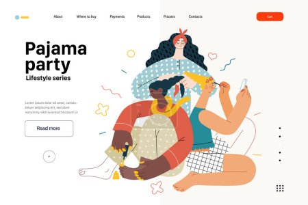 Illustration for Lifestyle web template -Pajama party -modern flat vector illustration, female friends wearing pajamas amusing themselves together wearing makeup doing hair, painting toenails People activities concept - Royalty Free Image