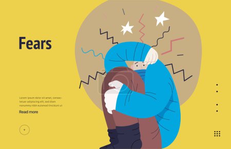 Ilustración de Mental disorders web template. Fears- modern flat vector illustration of woman dreading nervous, bracing herself meeting with stress experience. People emotional, psychological, mental traumas concept - Imagen libre de derechos