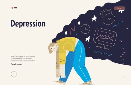 Ilustración de Mental disorders web template. Depression - modern flat vector illustration of tired man suffering under the weight of problems and obligations. People emotional, psychological, mental traumas concept - Imagen libre de derechos