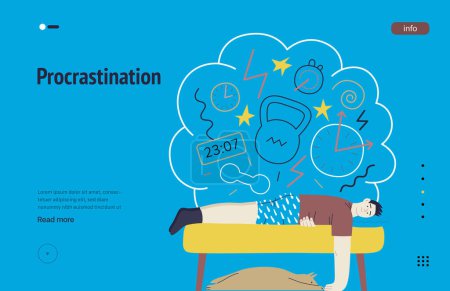 Téléchargez les illustrations : Mental disorders web template. Procrastination - modern flat vector illustration of man suffering under the weight of problems and obligations. People emotional, psychological, mental traumas concept - en licence libre de droit