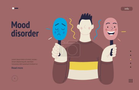 Illustration for Mental disorders web template. Mood disorder - modern flat vector illustration of a man choosing between two mood extrems. People emotional, psychological, mental traumas concept - Royalty Free Image