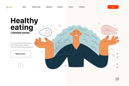 Illustration for Lifestyle web template - Healthy eating - modern flat vector illustration of a woman practicing healthy balanced diet holding salmon and avocado. People activities concept - Royalty Free Image