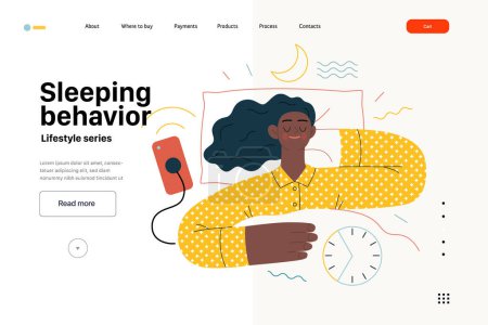 Illustration for Lifestyle web template -Sleeping behaviour -modern flat vector illustration of woman sleeping in her bed showing the benefits of good sleeping habit, eight hours normal sleep People activities concept - Royalty Free Image