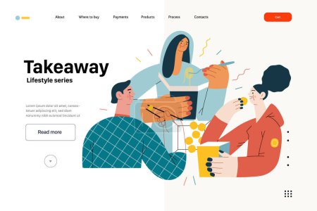 Illustration for Lifestyle web template - Takeaway - modern flat vector illustration of a group of friends eating takeaway food from boxes sitting at home. People activities concept - Royalty Free Image