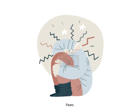 Illustration for Mental disorders illustration. Fears- modern flat vector illustration of woman dreading nervous, bracing herself meeting with stress experience. People emotional, psychological, mental traumas concept - Royalty Free Image