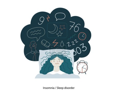 Illustration for Mental disorders illustration. Insomnia, sleep disorder - modern flat vector illustration of a woman meeting with a sleep disorder trying to fall asleep. People emotional, psychological, mental - Royalty Free Image
