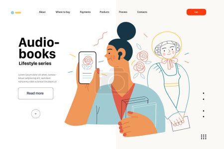 Illustration for Lifestyle web template -Audiobooks -modern flat vector illustration of a woman listening an audiobook with buds in the tablet application, Victorian Era literary character. People activities concept - Royalty Free Image