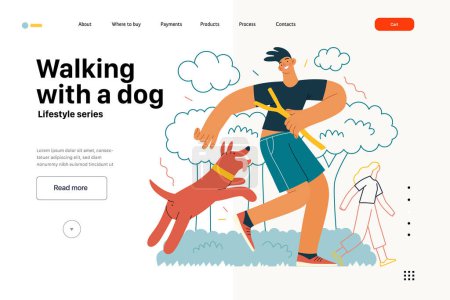 Illustration for Lifestyle web template - Walking with a dog - modern flat vector illustration of a young man and a dog playing outside. People activities concept - Royalty Free Image