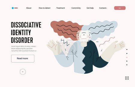 Téléchargez les illustrations : Mental disorders web template. Dissociative identity disorder - modern flat vector illustration of a woman meeting with split personality. People emotional, psychological, mental traumas concept - en licence libre de droit