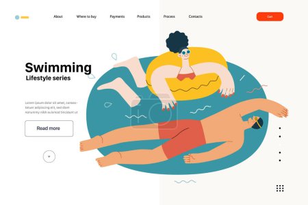 Illustration for Lifestyle website template - Swimming - modern flat vector illustration of a man and a woman swimming in the pool. People activities concept - Royalty Free Image