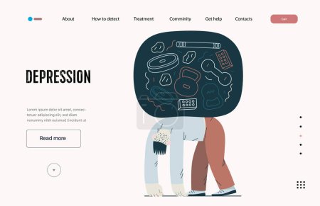 Illustration for Mental disorders web template. Depression - modern flat vector illustration of tired man suffering under the weight of problems and obligations. People emotional, psychological, mental traumas concept - Royalty Free Image