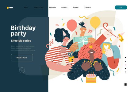 Illustration for Lifestyle web template - Birthday party - modern flat vector illustration of men and women celebrating birthday, giving presents. People activities concept - Royalty Free Image