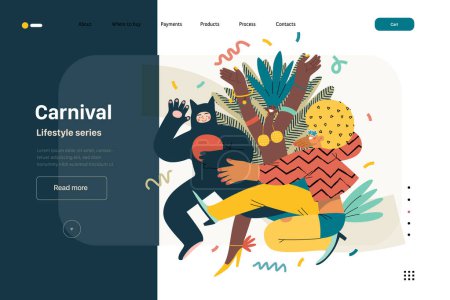 Illustration for Lifestyle web template - Carnival - modern flat vector illustration of masked people dancing together, taking part in the costume carnival procession. People activities concept - Royalty Free Image
