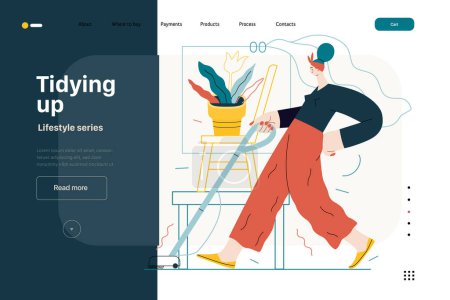 Lifestyle web template - Tidying up, housekeeping - modern flat vector illustration of a woman cleaning the floor with a vacuum cleaner. People activities concept