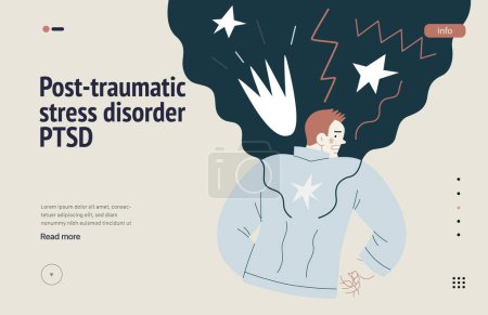 Téléchargez les illustrations : Mental disorders web template. PTSD - modern flat vector illustration of a man meeting with traumatic stress experience - burst, explosion. People emotional, psychological, mental traumas concept - en licence libre de droit
