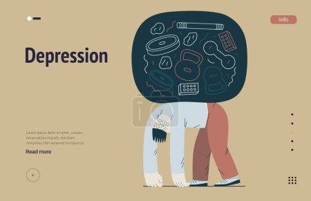 Ilustración de Mental disorders web template. Depression - modern flat vector illustration of tired man suffering under the weight of problems and obligations. People emotional, psychological, mental traumas concept - Imagen libre de derechos