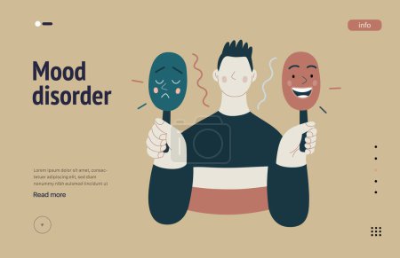 Téléchargez les illustrations : Mental disorders web template. Mood disorder - modern flat vector illustration of a man choosing between two mood extrems. People emotional, psychological, mental traumas concept - en licence libre de droit
