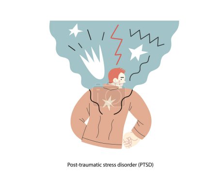 Illustration for Mental disorders illustration. PTSD - modern flat vector illustration of a man meeting with traumatic stress experience - burst, explosion. People emotional, psychological, mental traumas concept - Royalty Free Image
