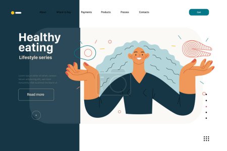 Lifestyle web template - Healthy eating - modern flat vector illustration of a woman practicing healthy balanced diet holding salmon and avocado. People activities concept