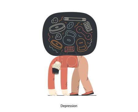 Illustration for Mental disorders illustration. Depression - modern flat vector illustration of tired man suffering under the weight of problems and obligations. People emotional, psychological, mental traumas concept - Royalty Free Image