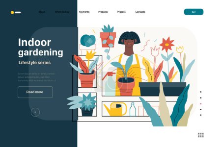 Illustration for Lifestyle website template - Indoor gardening - modern flat vector illustration of a woman gardening at home - planting and watering. People activities concept - Royalty Free Image