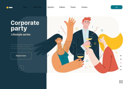 Illustration for Lifestyle website template - Corporate party - modern flat vector illustration of business people entertaining in the office at corporate, drinking champagne. People activities concept - Royalty Free Image