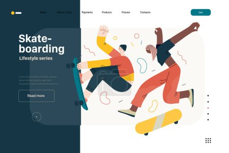 Illustration for Lifestyle website template - Skateboarding - modern flat vector illustration of a young male and female skaters jumping in the air with their skateboards.. People activities concept - Royalty Free Image