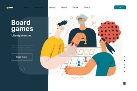 Illustration for Lifestyle website template - Board games - modern flat vector illustration of people playing a board card game with a dice. People activities concept - Royalty Free Image